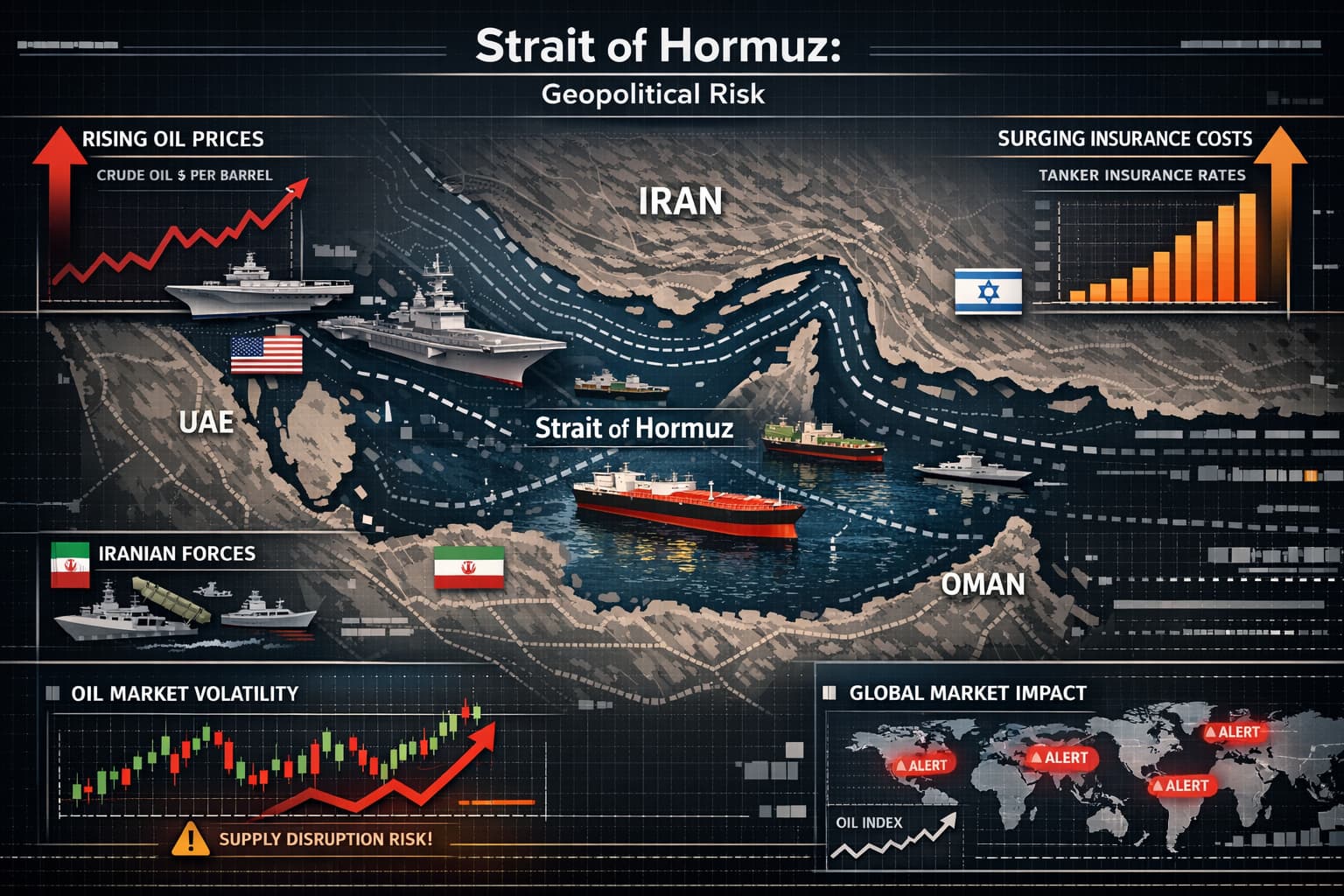 Geopolitical risk infographic of the Strait of Hormuz with military icons and financial indicators