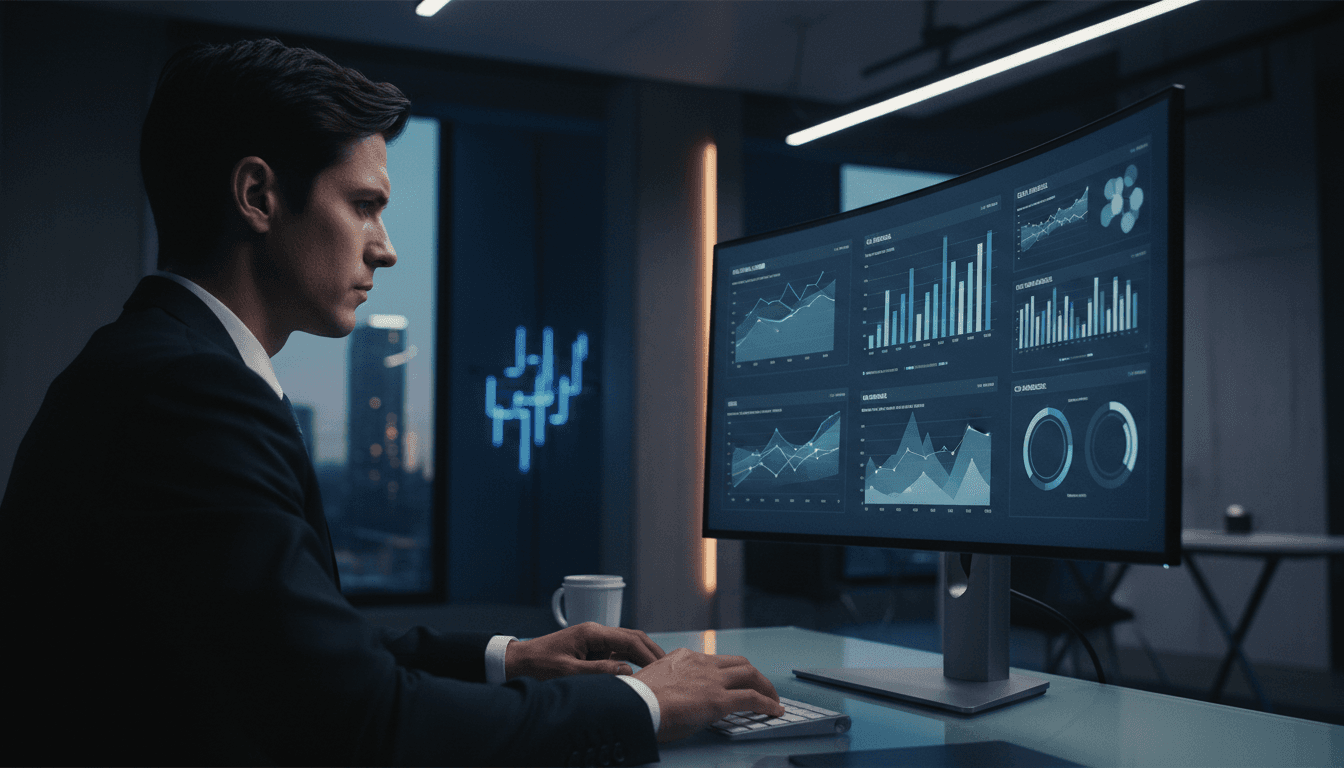 Executive analyst reviewing market intelligence data on a computer monitor