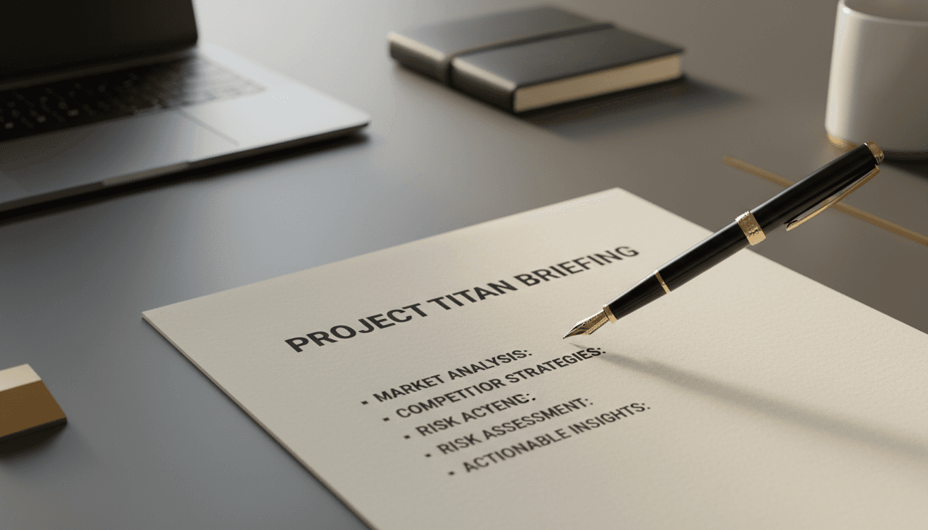 Professional reviewing intelligence briefing document at desk