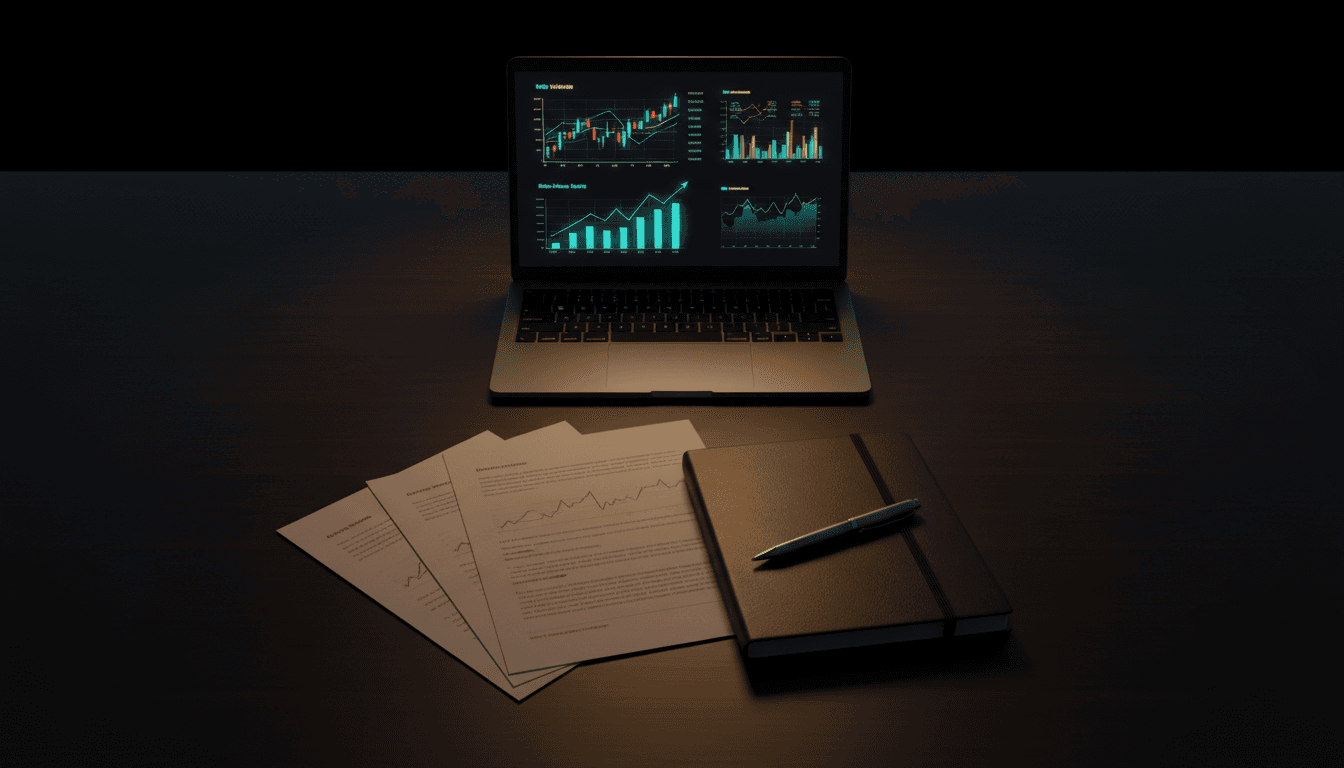 Professional workspace with laptop and intelligence briefing materials under focused lighting