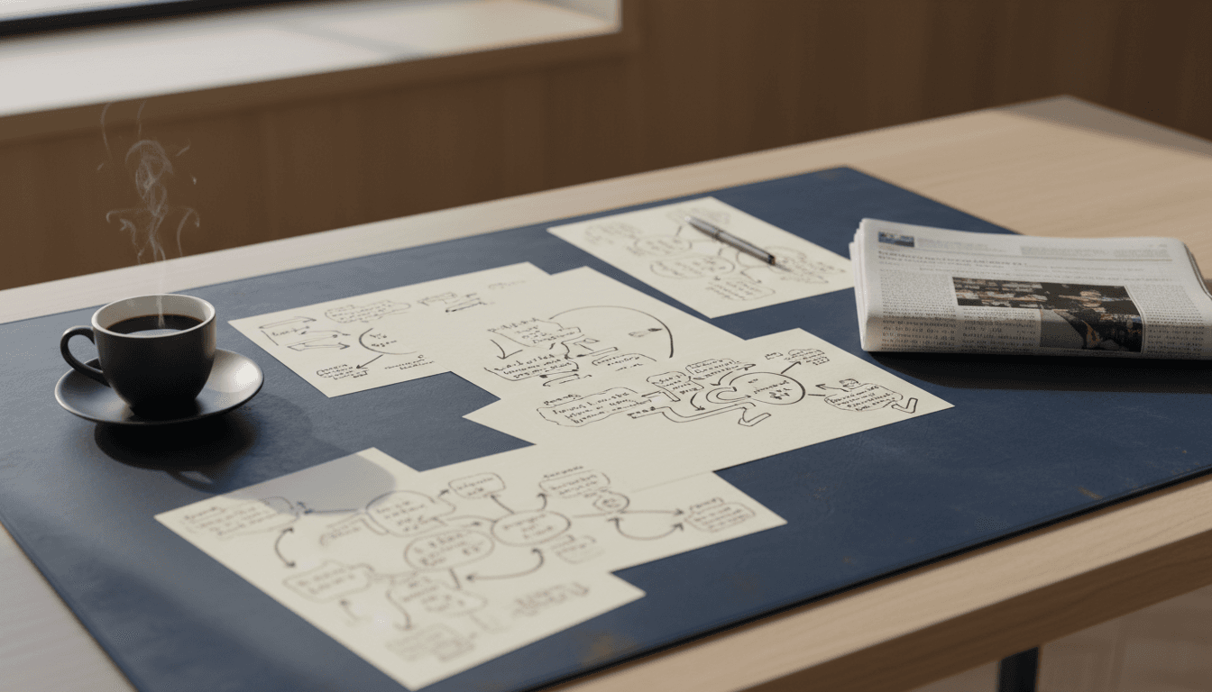 Analytical workspace with market research notes and untouched newspaper