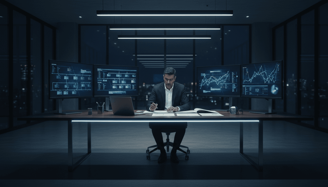 Professional reviewing intelligence briefings at a strategic workspace