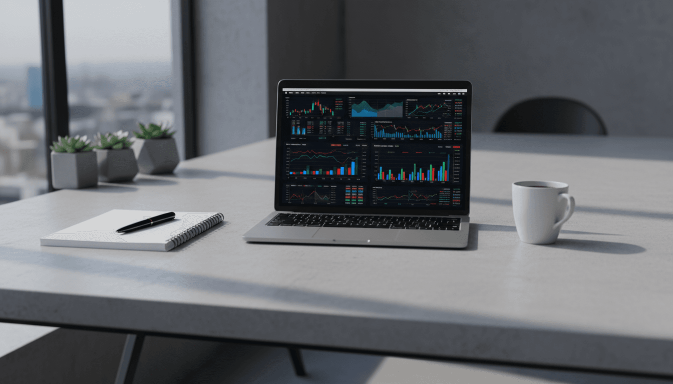 Professional analyst workspace with financial data visualization on laptop screen