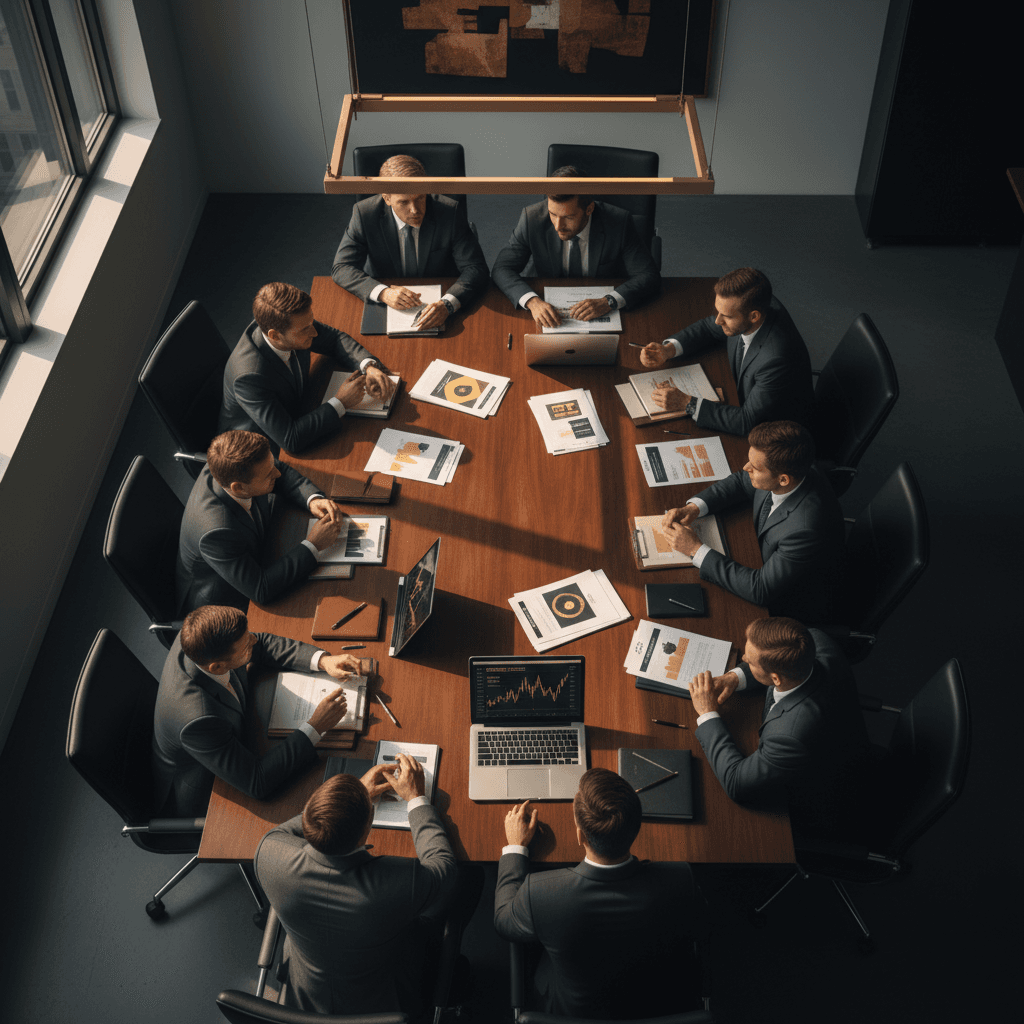 Strategic team reviewing EdgeLetter briefing documents in boardroom