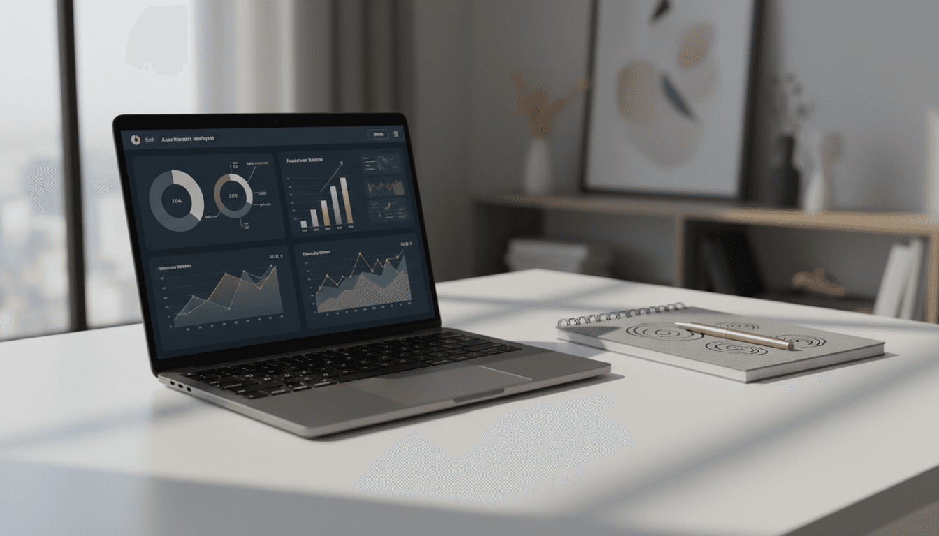 Professional workspace with laptop showing financial analysis and market data