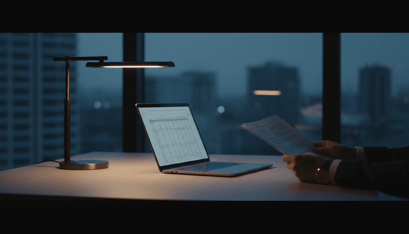 Professional analyst reviewing structural intelligence briefing at workspace