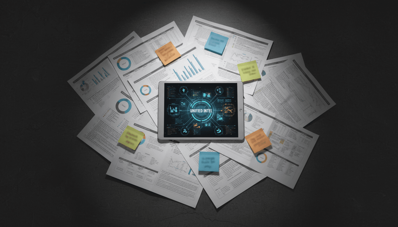 Multiple research briefings and connected intelligence documents arranged on dark surface