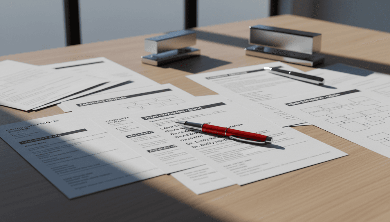 Hiring trends analysis with résumés and organizational charts on workspace