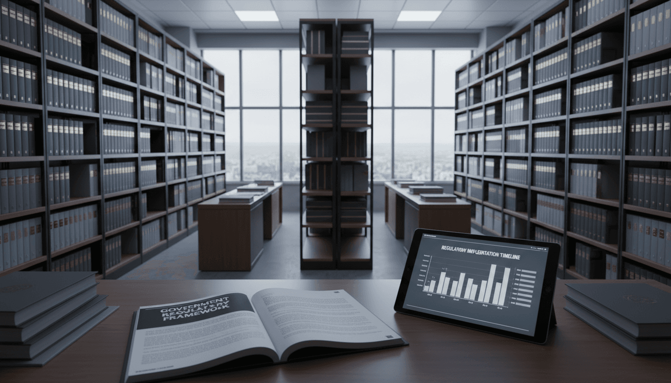 Regulatory research office with policy documents and government briefings