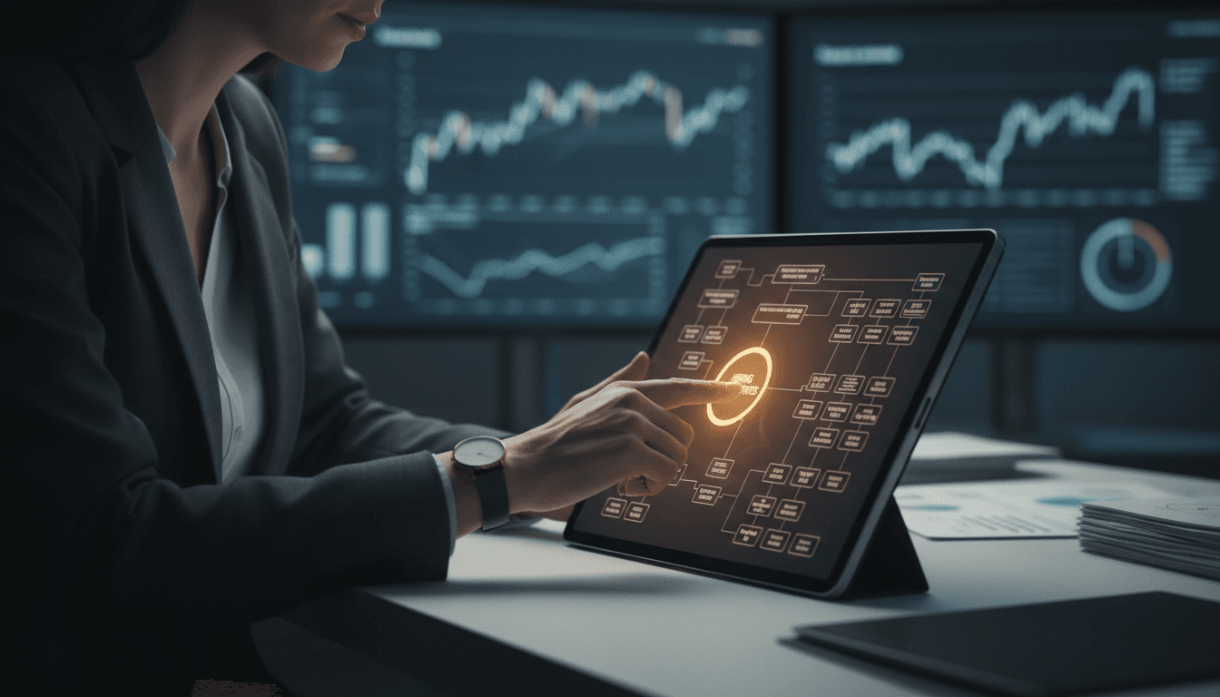 Professional reviewing hiring trend data on tablet